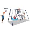 6 in 1 Swing Set with Climbing Ladder, Climbing Net, Trapeze bar, Hammock Swing, Belt Swing, Basketball Hoop for Backyard (Style B(with Trapeze bar)) view 1