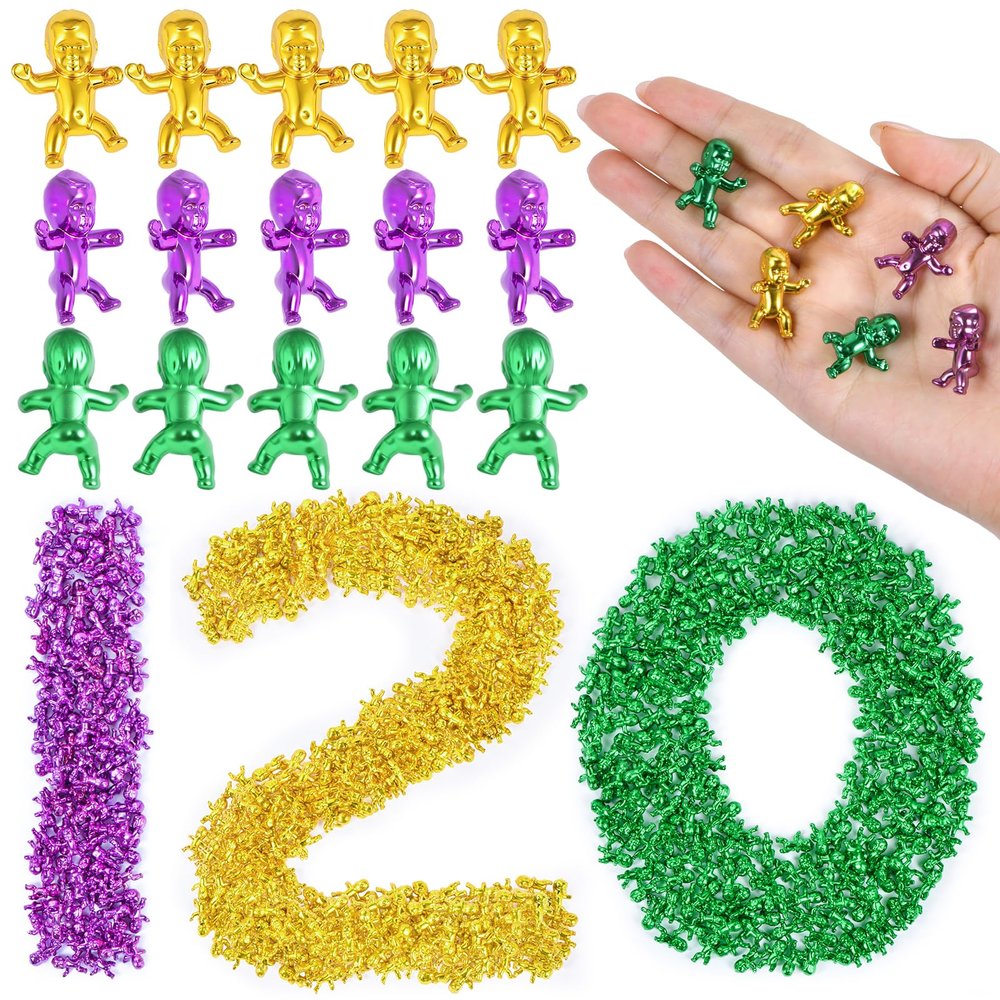 120 Pcs King Cake Babies, 1 Inch Mardi Gras Baby for Cake, Metallic Purple Green Gold Mini Plastic Babies for Ice Cube My Water Broke Baby Shower Game, Mardi Gras Party Favors Decorations