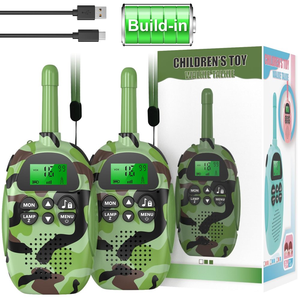 CHAKEYAKE Walkie Talkies for Kids Adult, 2 Pack Rechargeable Kids Walkies Talkies, 3km Long Range, 22 Channels, Kid Birthday Gift for 3-12 Year Old Boys Girls for Outdoor Adventures, Hiking, Camo