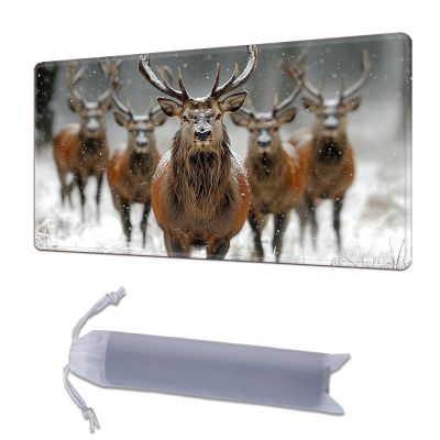 HGGJFLYX Playmat for MTG, 24x14 Inch for TCG Playmat with Non-Slip Rubber Base, Smooth Surface Stitched Edges, Magic Card Game Mat with Storage Bag, and Desk Mousepad, Snowy Stag Herd