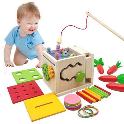 Wooden Montessori Baby Toys, 7-in-1 Wooden Play Kit Includes Object Permanent Box, Coin Box, Carrot Harvest, Color Sorting and Fishing - Christmas Birthday Gift for Boys Girls Toddlers 2-3 (7-in-1)