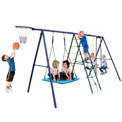 6 in 1 Swing Set with Climbing Ladder, Climbing Net, Trapeze bar, Hammock Swing, Belt Swing, Basketball Hoop for Backyard (Style A(with Glider))