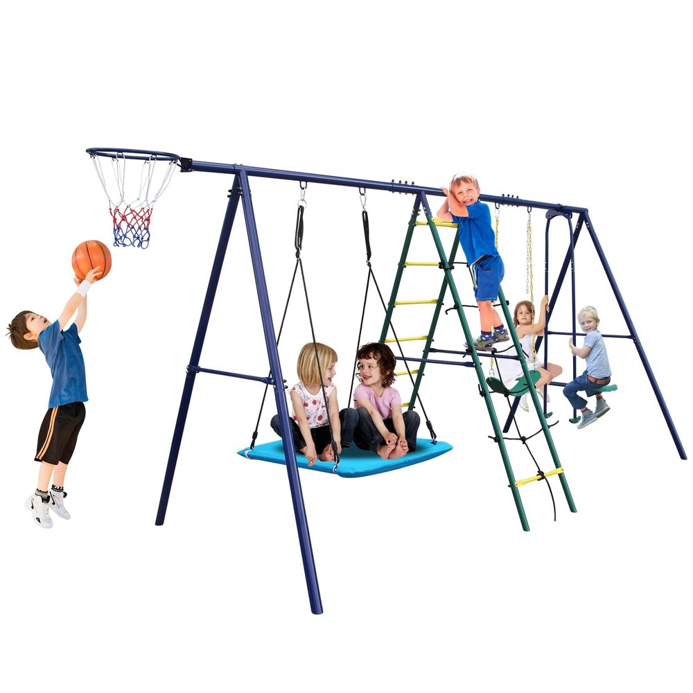 6 in 1 Swing Set with Climbing Ladder, Climbing Net, Trapeze bar, Hammock Swing, Belt Swing, Basketball Hoop for Backyard (Style A(with Glider))