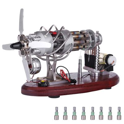16-Cylinder Swash Plate Stirling Engine Model, Power Generation Kit with Digital Voltage Display and LED Light, Metal Physics Demonstration for Science Education