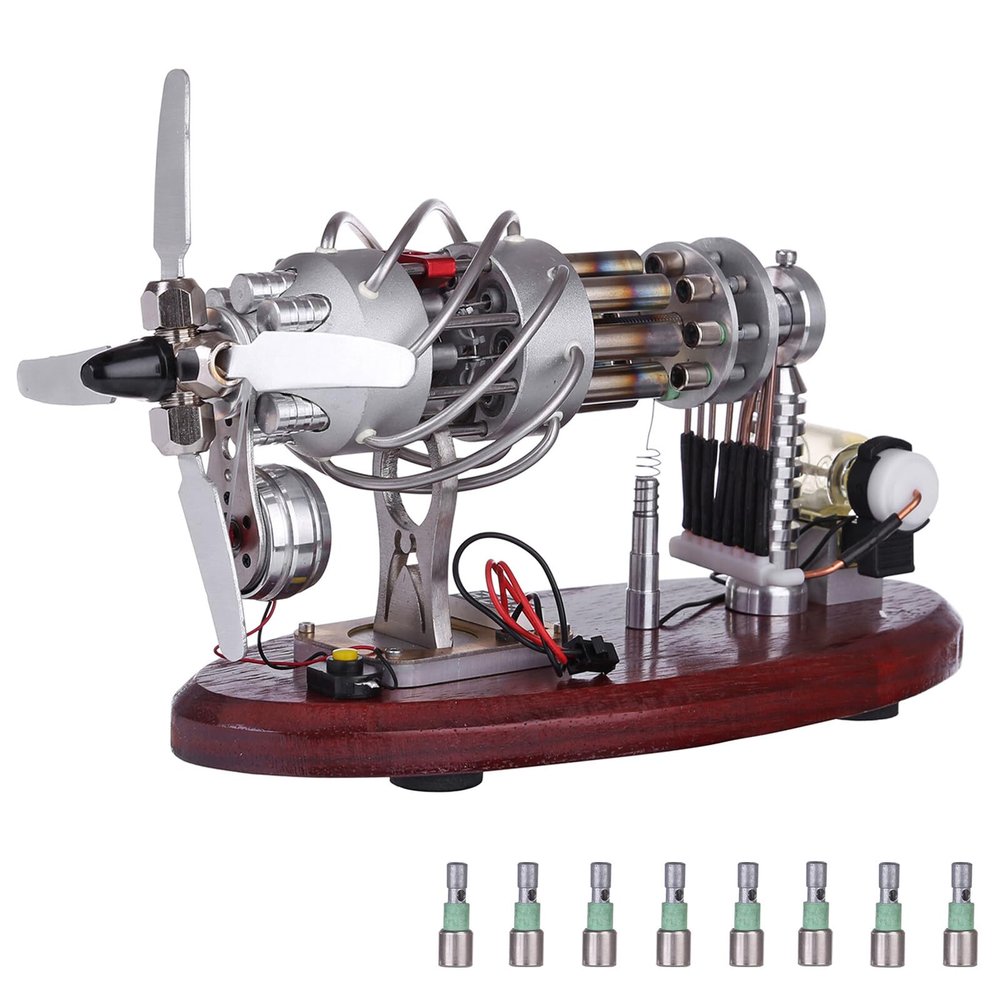 16-Cylinder Swash Plate Stirling Engine Model, Power Generation Kit with Digital Voltage Display and LED Light, Metal Physics Demonstration for Science Education