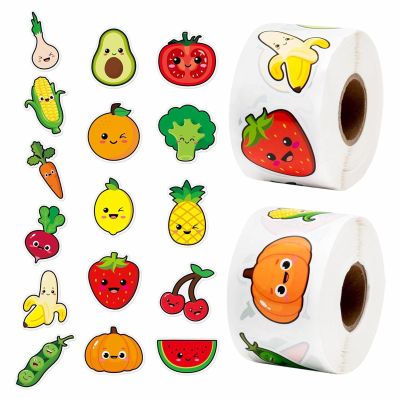 1000Pcs Sticker Rolls Cute Funny Vegetables Fruit Sticker Roll with 16 Different Pattern Designs Waterproof Self-Adhesive Decals Strawberry Banana Lemon Orange Pineapple Reward Stickers for Kids