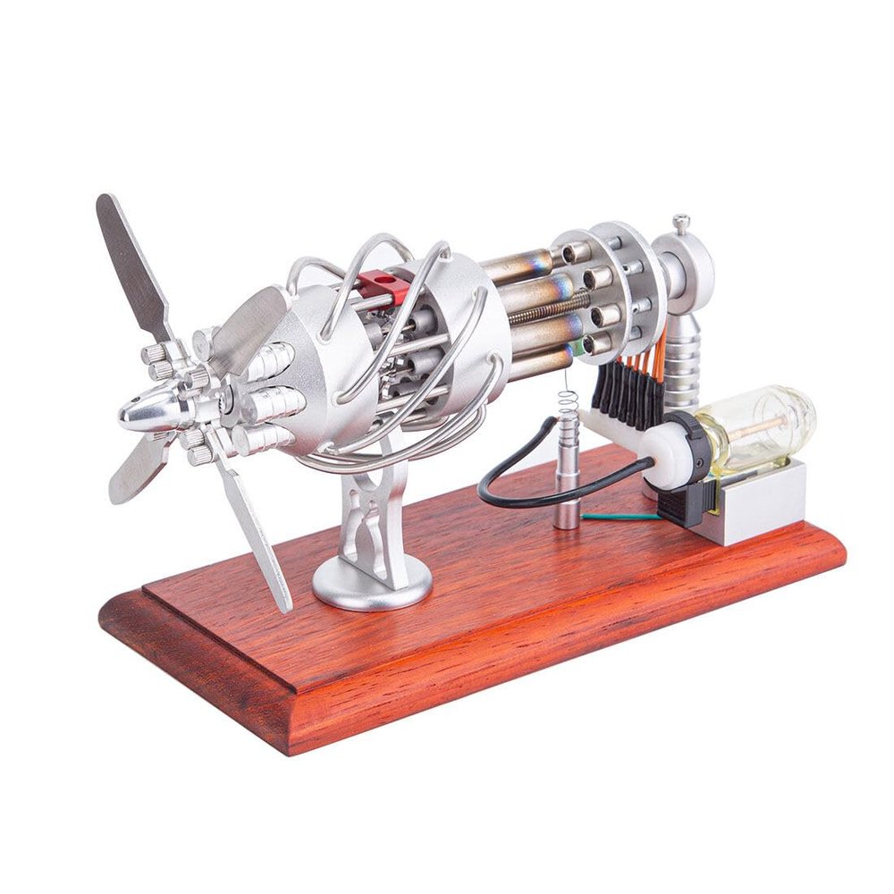 16 Cylinder Stirling Engine Model, Swash Plate Design with Glass Hot Cylinders, Dual Aluminum and Stainless Steel Construction, Educational Display for Physics