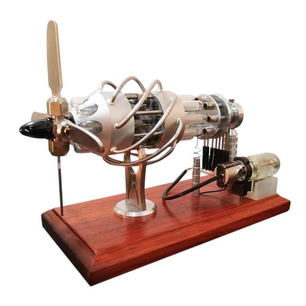 16 Cylinder Swash Plate Stirling Engine Model, Butane Powered with Quartz Glass Hot Cylinders, Metal Physics Science Educational Display for Adult Collectors