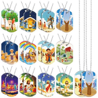 Aliceset 24 Pcs Bible Verses Religious Christian Dog Tag Necklace Religious Party Favors Inspirational Motivational Necklace for Easter Valentines Sunday School (Christian Bible Story)