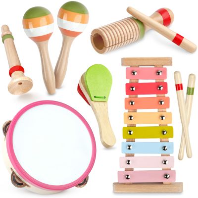 Baby Musical Instruments - Montessori Wooden Musical Toys for Toddlers 1-3, Xylophone Maracas Tambourine Percussion Set, Kids Preschool Music Learning Toys, Educational Birthday Gifts (Rainbow)
