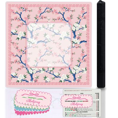 BUZCOZY Cherry Blossom Mahjong Mat and 4Pcs Acrylic Mahjong Line Finder Set31.5x31.5 Inch Non-Slip Noise Reduction Gaming Mat with Carry Bag,Cute Mahjong Card for Beginners,Party, Poker Board Games