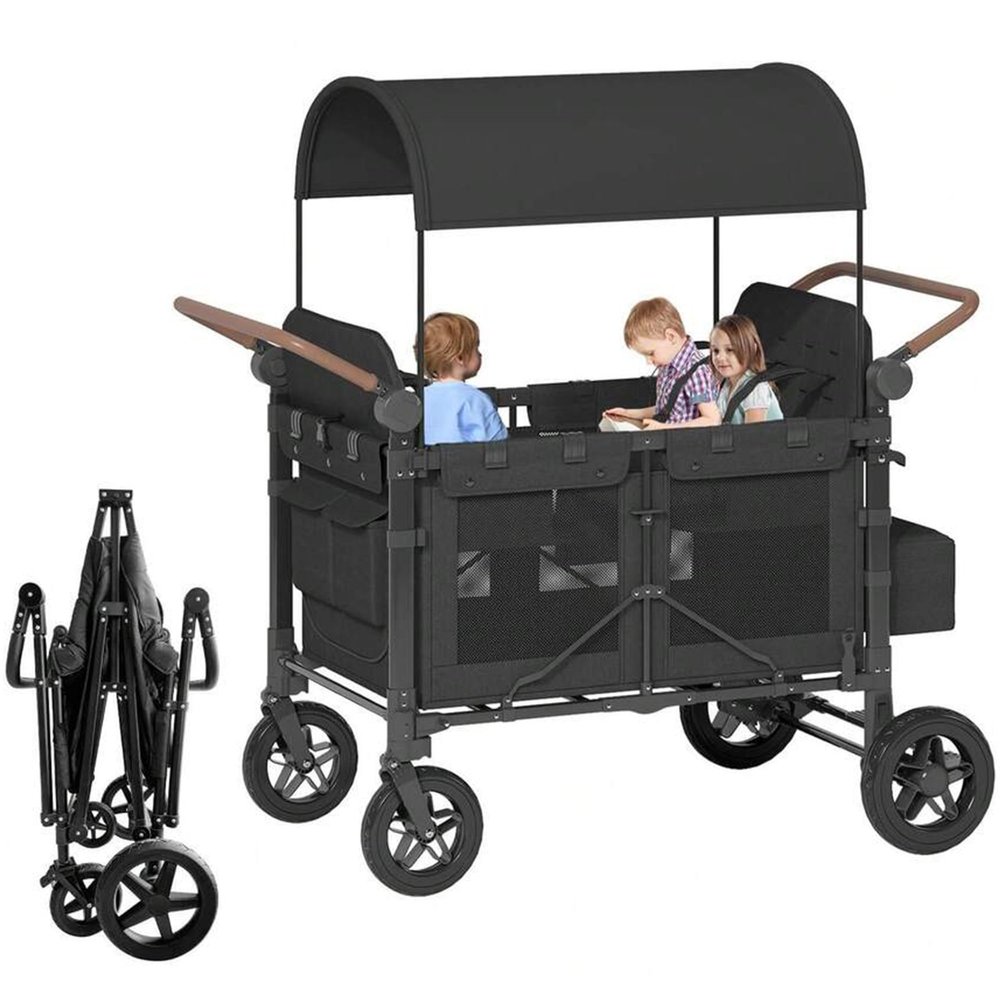 STOKRA Folding Wagon Stroller for 4 Kids, Outdoor All-Terrain Baby Stroller Wagon for Toddler with Removable Canopy, 5-Point Safety Harness, Shock-Absorbing Wheel & Adjustable Handle, Parent Organizer