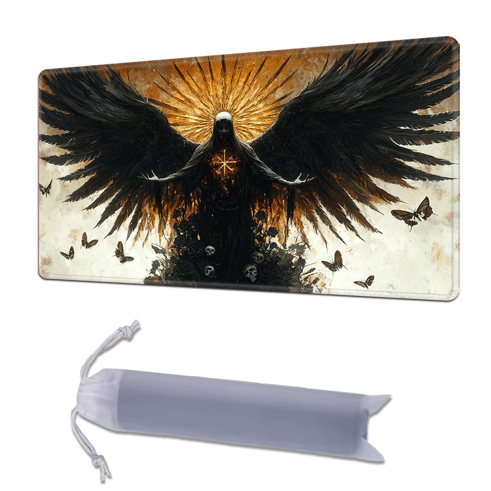 HGGJFLYX Playmat for MTG, 28x16 Inch for TCG Playmat with Non-Slip Rubber Base, Smooth Surface Stitched Edges, Magic Card Game Mat with Storage Bag, and Desk Mousepad, Winged Skeleton with Butterflies