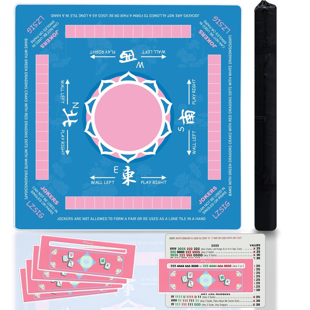BUZCOZY Lotus Mahjong Mat and 4Pcs Acrylic Mahjong Line Finder Set31.5x31.5 Inch Non-Slip Noise Reduction Gaming Mat with Carry Bag,Cute Mahjong Line Finder for Beginners,Party, Poker Board Games