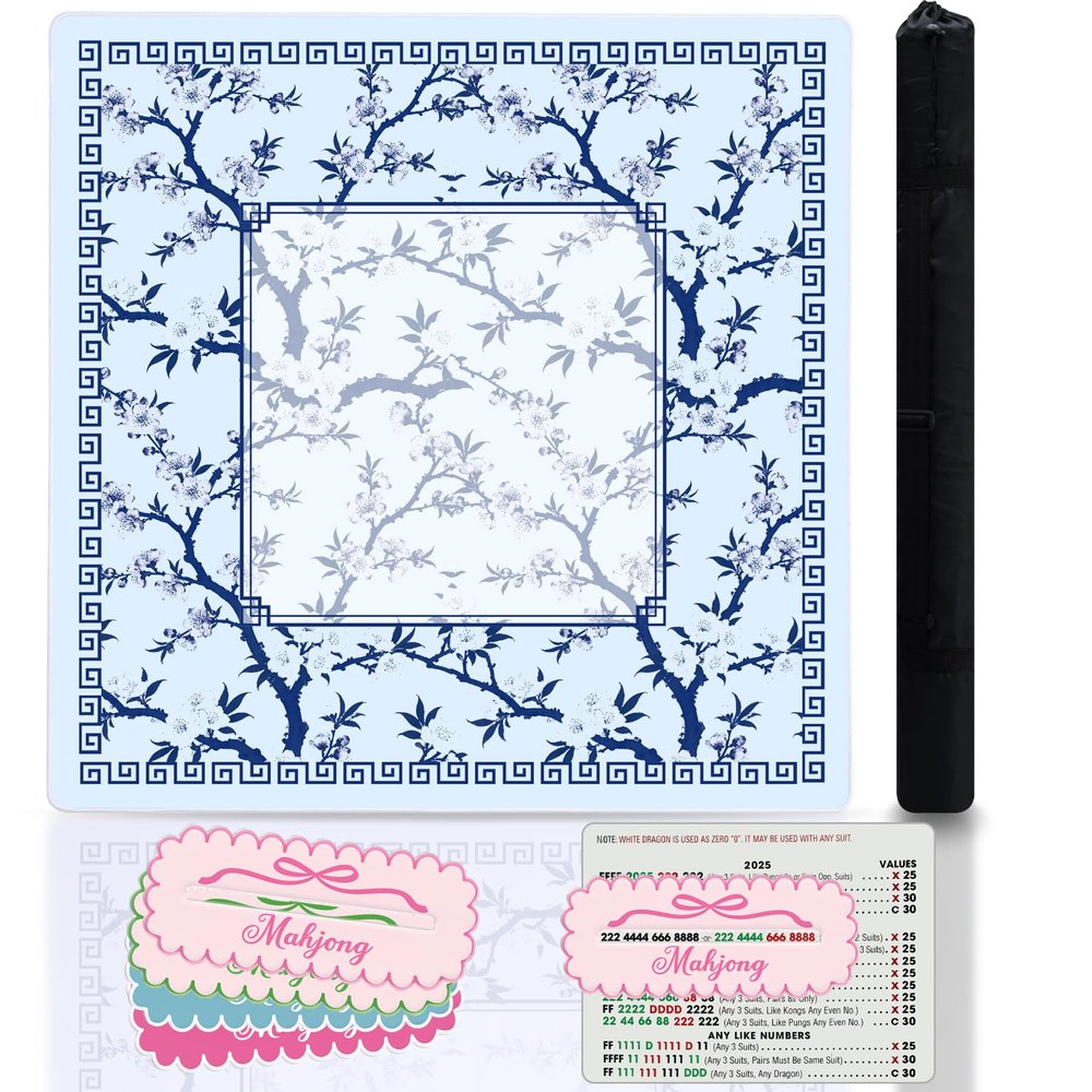 Cherry Blossom Mahjong Mat and 4Pcs Acrylic Mahjong Line Finder Set31.5x31.5 Inch Non-Slip Noise Reduction Gaming Mat with Carry Bag,Cute Mahjong Line Finder for Beginners,Party, Poker Board Games