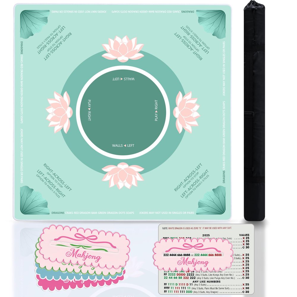 BUZCOZY Lotus Mahjong Mat and 4Pcs Acrylic Mahjong Line Finder Set31.5x31.5 Inch Non-Slip Noise Reduction Gaming Mat with Carry Bag,Cute Mahjong Line Finder for Beginners,Party, Poker Board Games