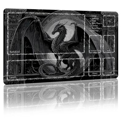 DUNQEO Fantasy Game Mat Compatible with MTG, TCG 24x14 Playmat with Stitched Edges for Trading Card Games, Board Games & Desk Use(Silverwraith,with Game Zones)