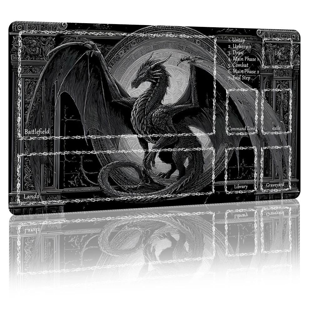 DUNQEO Fantasy Game Mat Compatible with MTG, TCG 24x14 Playmat with Stitched Edges for Trading Card Games, Board Games & Desk Use(Silverwraith,with Game Zones)