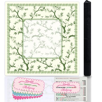 Cherry Blossom Mahjong Mat and 4Pcs Acrylic Mahjong Line Finder Set31.5x31.5 Inch Non-Slip Noise Reduction Gaming Mat with Carry Bag,Cute Mahjong Line Finder for Beginners,Party, Poker Board Games