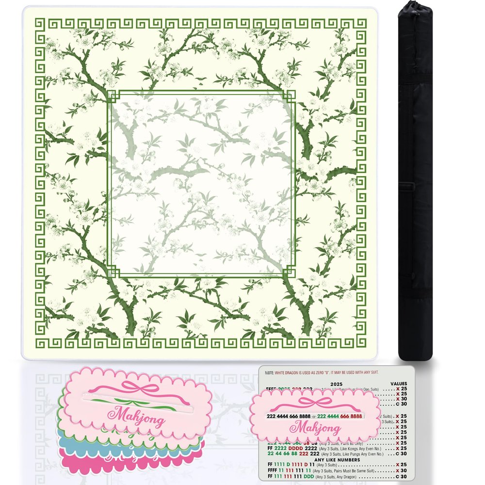 Cherry Blossom Mahjong Mat and 4Pcs Acrylic Mahjong Line Finder Set31.5x31.5 Inch Non-Slip Noise Reduction Gaming Mat with Carry Bag,Cute Mahjong Line Finder for Beginners,Party, Poker Board Games