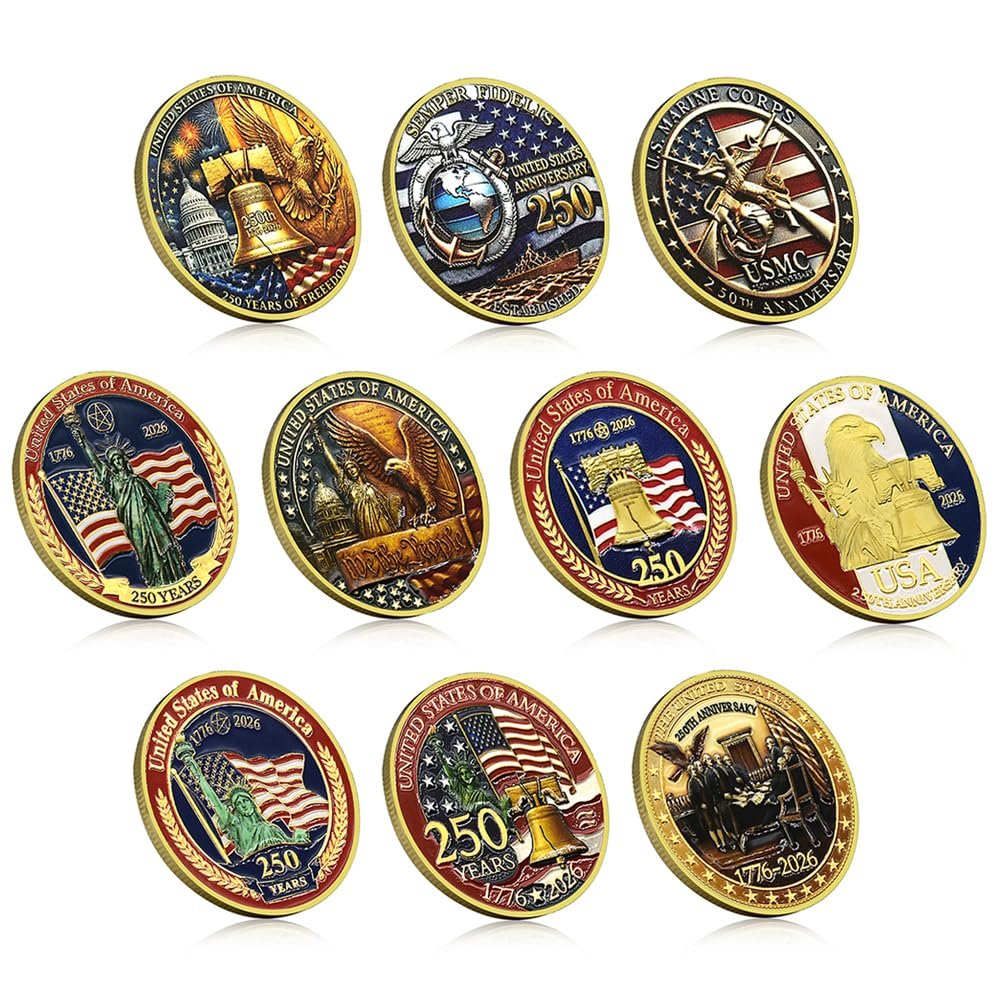 1776-2026 USA 250th Anniversary Commemorative Coin Set Liberty Bell Statue of Liberty Marines Independence Souvenir Gift (10PC-Set)