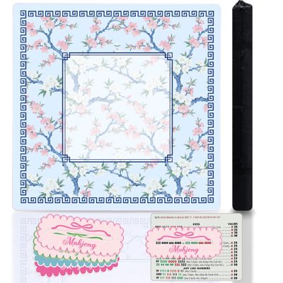 Cherry Blossom Mahjong Mat and 4Pcs Acrylic Mahjong Line Finder Set31.5x31.5 Inch Non-Slip Noise Reduction Gaming Mat with Carry Bag,Cute Mahjong Line Finder for Beginners,Party, Poker Board Games