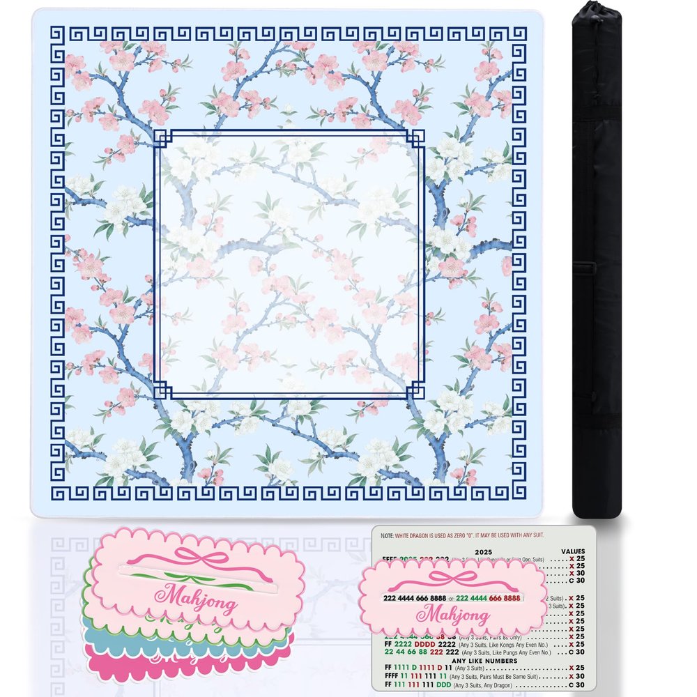 Cherry Blossom Mahjong Mat and 4Pcs Acrylic Mahjong Line Finder Set31.5x31.5 Inch Non-Slip Noise Reduction Gaming Mat with Carry Bag,Cute Mahjong Line Finder for Beginners,Party, Poker Board Games
