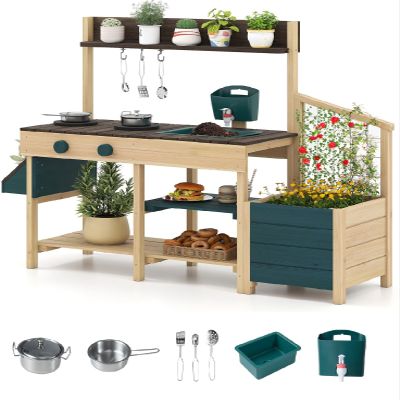 INFANS Mud Kitchen, Kids Outdoor Wooden Kitchen Play Set with Planter Box Storage Case Removable Sink Faucet Stoves Toddler Backyard Garden Pretend Cooking Toys for Boys Girls Ages 3+ (Dark Green)