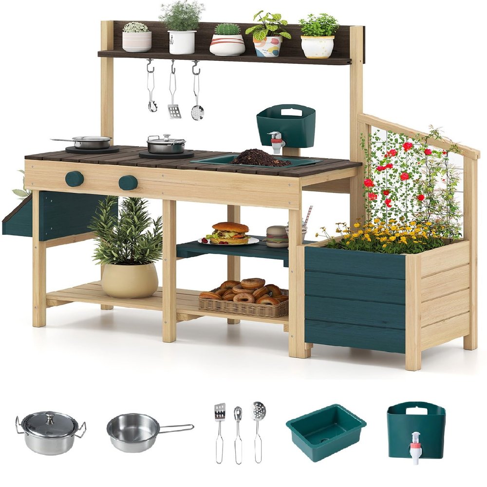INFANS Mud Kitchen, Kids Outdoor Wooden Kitchen Play Set with Planter Box Storage Case Removable Sink Faucet Stoves Toddler Backyard Garden Pretend Cooking Toys for Boys Girls Ages 3+ (Dark Green)