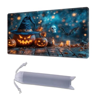 HGGJFLYX Playmat for MTG, 28x16 Inch for TCG Playmat with Non-Slip Rubber Base, Smooth Surface Stitched Edges, Magic Card Game Mat with Storage Bag, and Desk Mousepad, Pumpkin Skull Bat