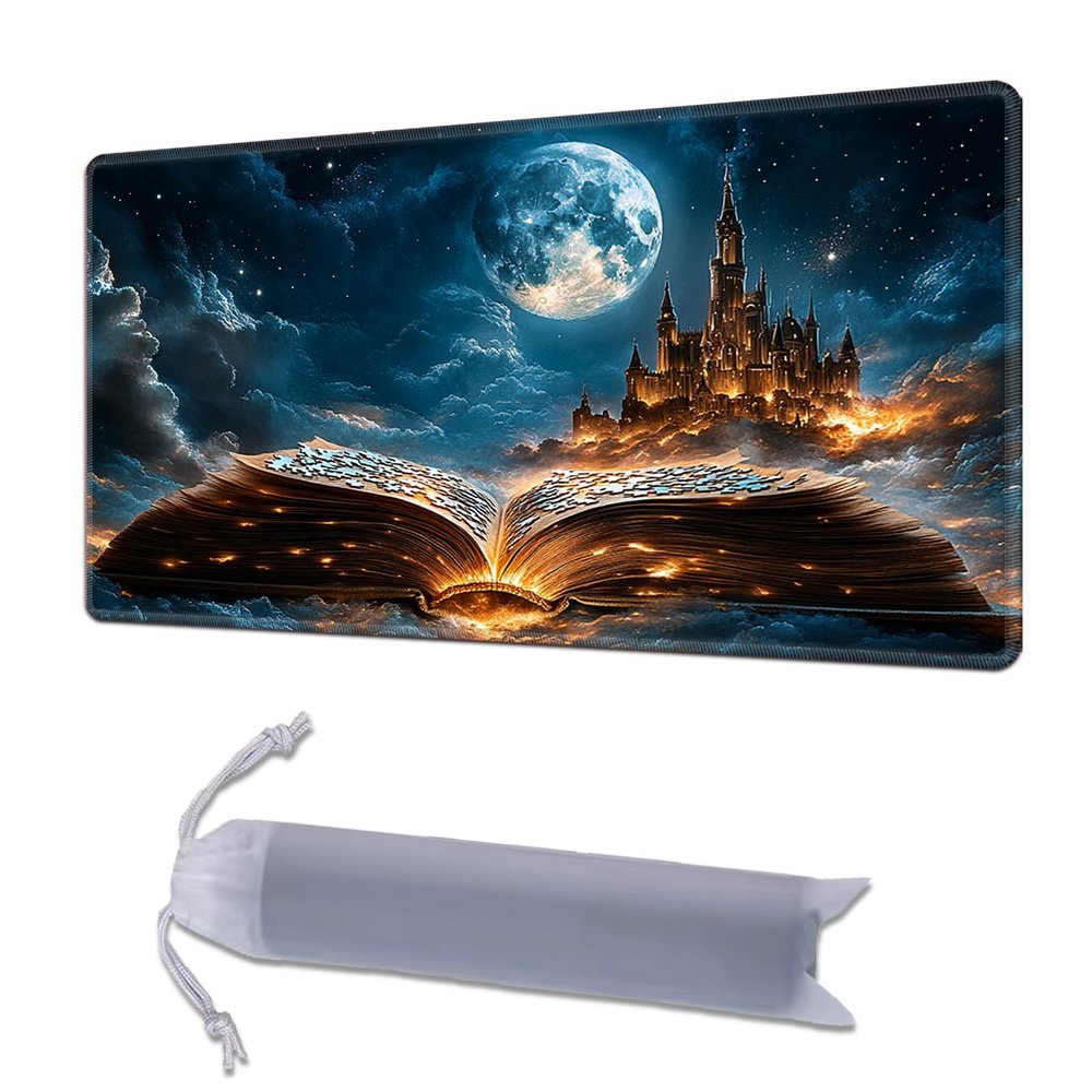 HGGJFLYX Playmat for MTG, 28x16 Inch for TCG Playmat with Non-Slip Rubber Base, Smooth Surface Stitched Edges, Magic Card Game Mat with Storage Bag, and Desk Mousepad, Book of Moonlit Castle