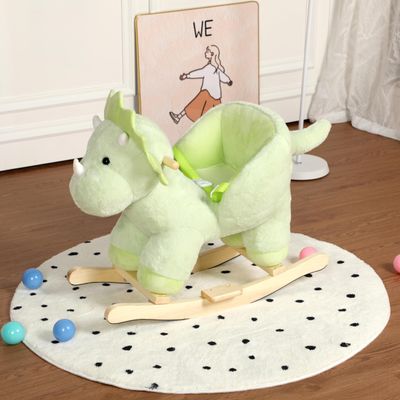 KEIKI Dinosaur Ride-On Rocking with Lullaby Song, Hand Puppets, Safety Belt, Plush Rocking Horse for Ages 1-3, Interactive Kids Rocker, Green