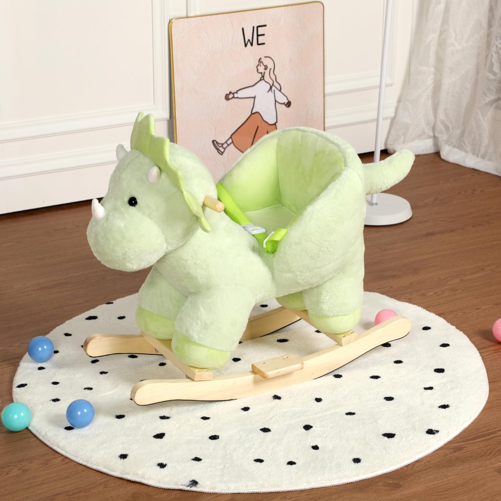 KEIKI Dinosaur Ride-On Rocking with Lullaby Song, Hand Puppets, Safety Belt, Plush Rocking Horse for Ages 1-3, Interactive Kids Rocker, Green