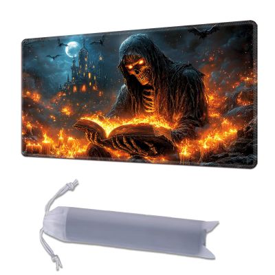 HGGJFLYX Playmat for MTG, 28x16 Inch for TCG Playmat with Non-Slip Rubber Base, Smooth Surface Stitched Edges, Magic Card Game Mat with Storage Bag, and Desk Mousepad, Fiery Skeleton's Grimoire