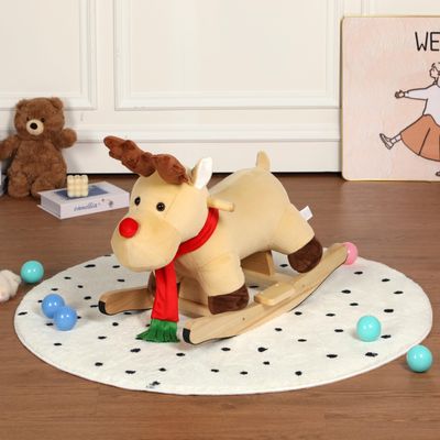 KEIKI Moose Rocking Horse with Lullaby, Hand Puppets & Safety Belt, Wooden Stuffed Animal Rocker for Ages 1-3, Boys and Girls, Nursery or Christmas, Birthday Gift, Apricot