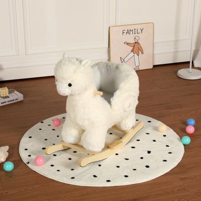 KEIKI Alpaca Rocking Horse with Lullaby, Hand Puppets & Safety Belt, Wooden Stuffed Animal Rocker for Ages 1-3, Boys and Girls, Nursery or Christmas, Birthday Gift, White