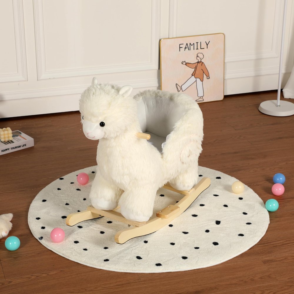 KEIKI Alpaca Rocking Horse with Lullaby, Hand Puppets & Safety Belt, Wooden Stuffed Animal Rocker for Ages 1-3, Boys and Girls, Nursery or Christmas, Birthday Gift, White
