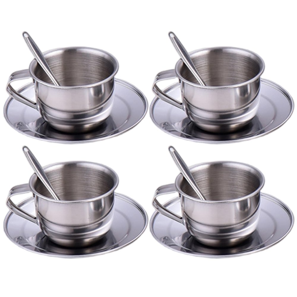 CAKEEYUM Kids Tea Set Heat-Resistant Stainless Steel Childrens Tea Set with 4 70ml Cup, 4 Saucer and Spoon for Girls and Boys Kids, Childrens, Sets for
