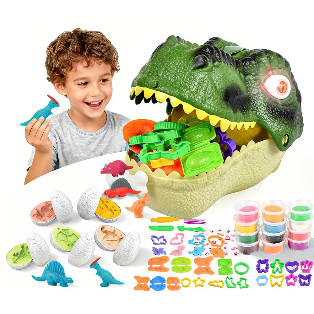 Dinosaur Toys Kids Dough Playset, 55PCS Dino Toys Kit with Molds & Clay, Make Dinosaurs or Create Your Own Models, Storage Case Gift for Boys & Girls Ages 3-8