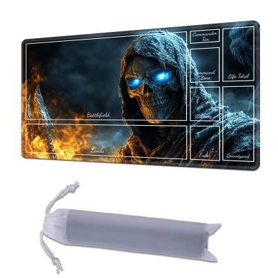 HGGJFLYX Playmat with Zone for MTG,28x16 Inch for TCG Playmat with Non-Slip Rubber Base,Smooth Surface Stitched Edges,Magic Card Game Mat with Storage Desk Mousepad,Ice and Fire Skeleton