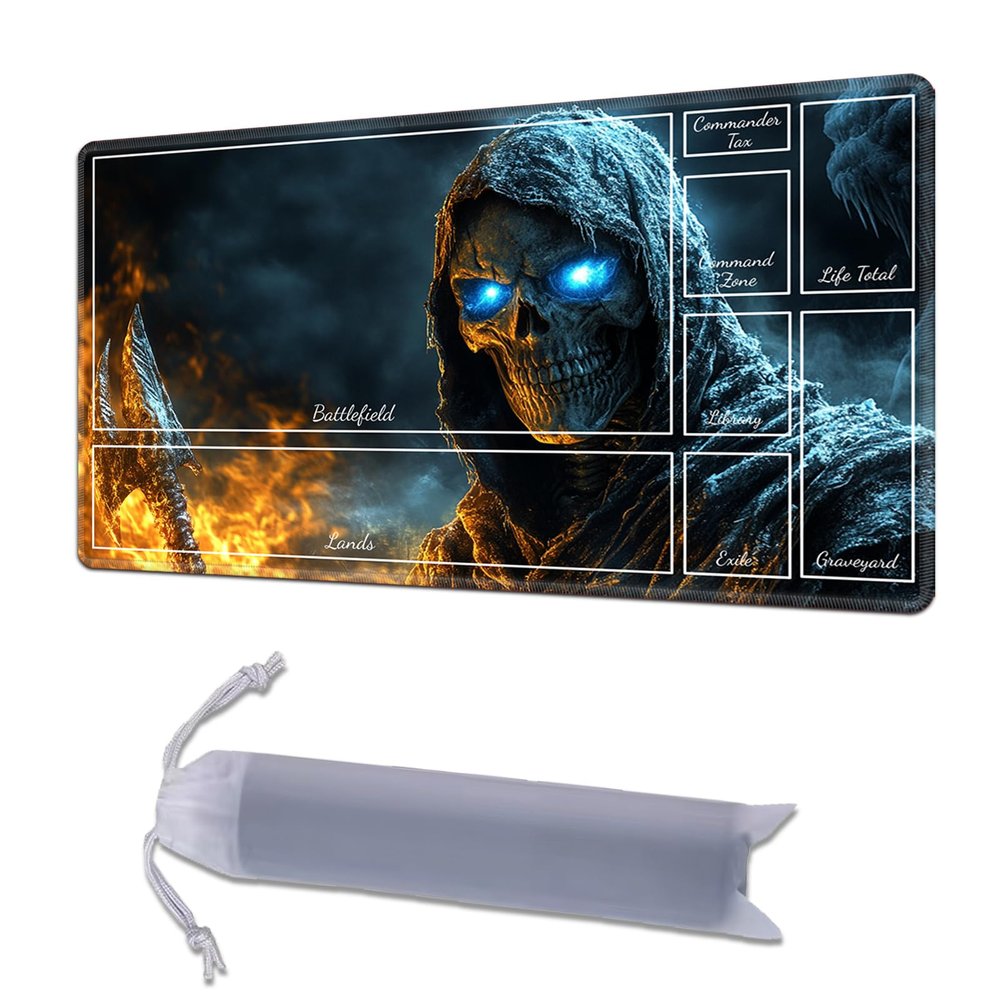 HGGJFLYX Playmat with Zone for MTG,28x16 Inch for TCG Playmat with Non-Slip Rubber Base,Smooth Surface Stitched Edges,Magic Card Game Mat with Storage Desk Mousepad,Ice and Fire Skeleton