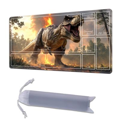 HGGJFLYX Playmat with Zone for MTG,28x16 Inch for TCG Playmat with Non-Slip Rubber Base,Smooth Surface Stitched Edges,Magic Card Game Mat with Storage Desk Mousepad,Fiery Tyrannosaurus