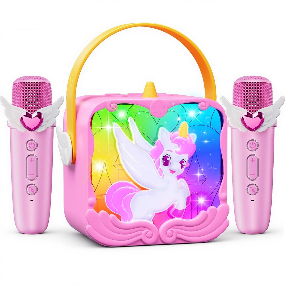 Unicorn Karaoke Machine with Wings & Castle Lights,2 Gem Microphones&5 Magic Voice,Mini Bluetooth Speaker,Princess Toys&Unicorn Toys for Girls Age 3 4 5 6 7 8 9+ Birthday Gifts Easter Basket Stuffers