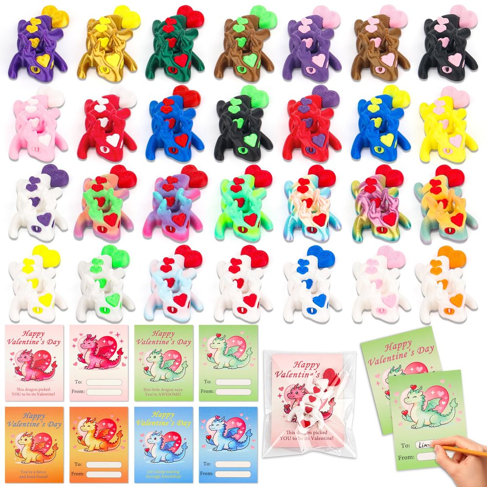 28 Pack Valentines Day Gifts for Kids Classroom - 3D Printed Dragons with Valentines Day Cards for Kids School & OPP Bags, Class Valentine s Day Gifts, Party Favors Exchange, Classroom Incentives