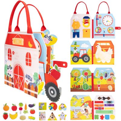 Jololino Busy Book for Toddlers - Montessori Sensory Toys for Boys & Girls Preschool Learning, 8-Page Felt Quiet Activity Board for Fine Motor Skills, Travel Toys for Airplane Car Games (Farm Animals)