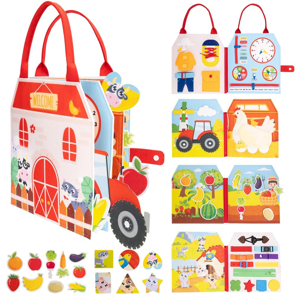 Jololino Busy Book for Toddlers - Montessori Sensory Toys for Boys & Girls Preschool Learning, 8-Page Felt Quiet Activity Board for Fine Motor Skills, Travel Toys for Airplane Car Games (Farm Animals)