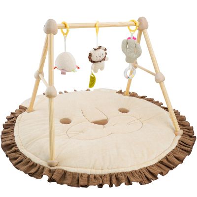 4-in-1 Wooden Baby Play Gym & Activity Mat, Soft Cotton Tummy Time Mat for Babies 0+,with 3 Detachable Toys for Sensory & Motor Skill Development,Newborn Infant Baby Essentials Gift,Light Brown-Lion