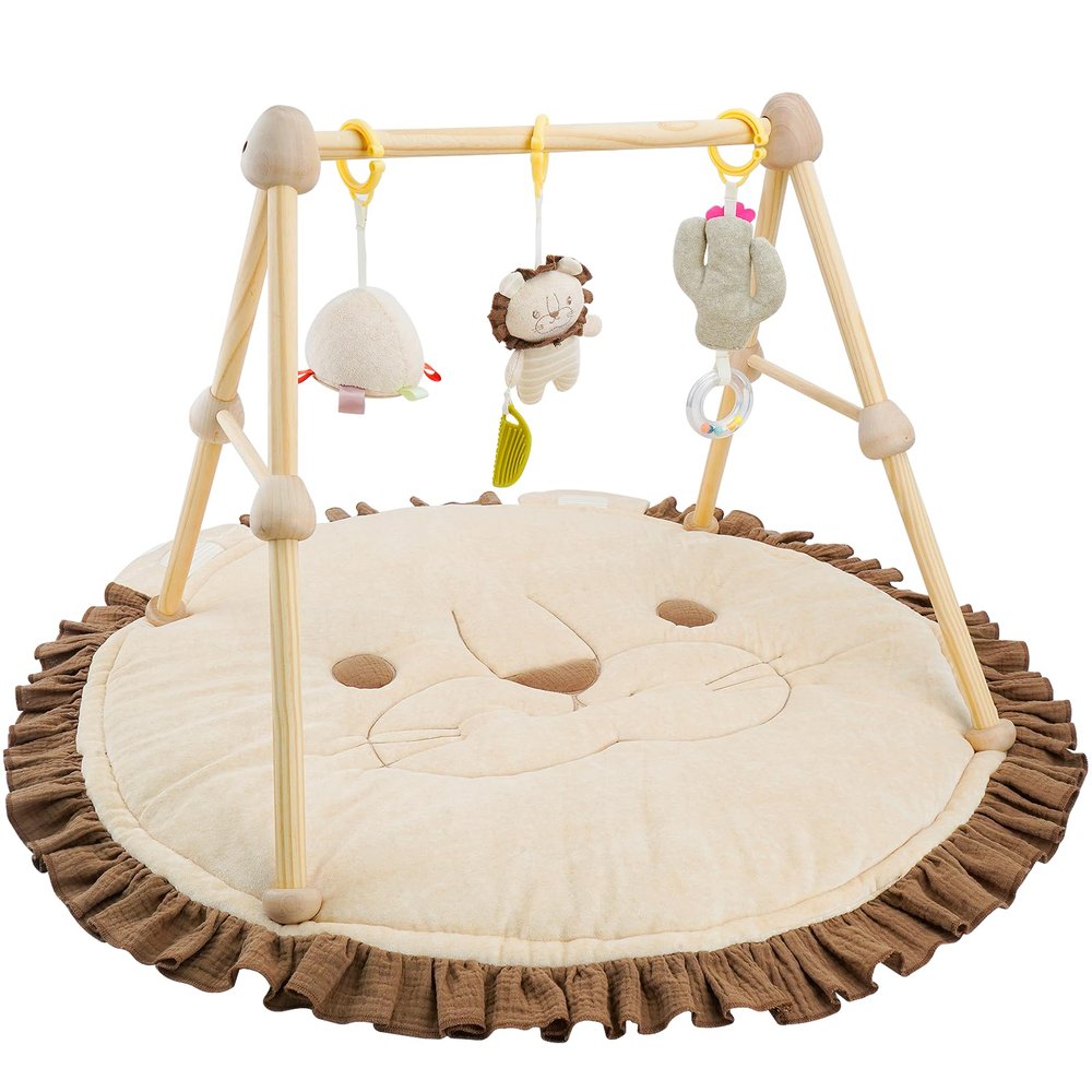 4-in-1 Wooden Baby Play Gym & Activity Mat, Soft Cotton Tummy Time Mat for Babies 0+,with 3 Detachable Toys for Sensory & Motor Skill Development,Newborn Infant Baby Essentials Gift,Light Brown-Lion