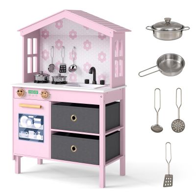 Costzon Kids Play Kitchen, Little Chef Montessori Cooking Toy Playset w/ 2 Stoves, Rotation Knobs, Faucet, Sink, Dishwasher, 2 Drawers & Cabinet, Wooden Kitchen Playset for Girls Boys Aged 3+ (Pink)
