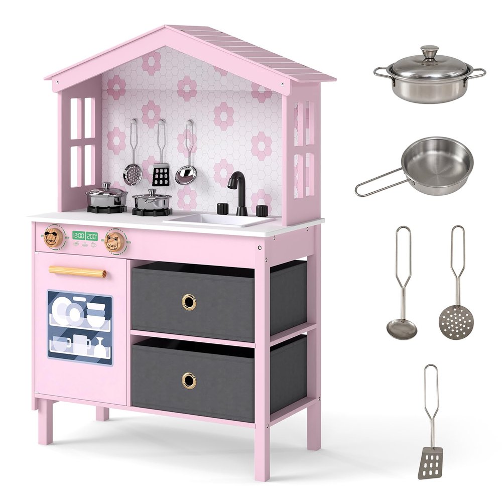 Costzon Kids Play Kitchen, Little Chef Montessori Cooking Toy Playset w/ 2 Stoves, Rotation Knobs, Faucet, Sink, Dishwasher, 2 Drawers & Cabinet, Wooden Kitchen Playset for Girls Boys Aged 3+ (Pink)